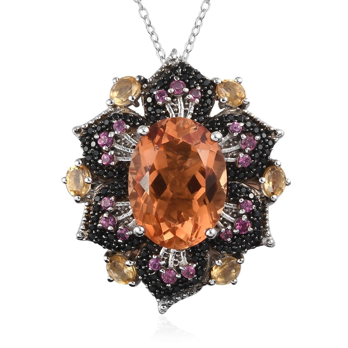 Sunfire Orange Quartz and Multi Gemstone Pendant Necklace 20 Inches in Platinum Over Sterling Silver 9 Grams 15.55 ctw image number 0
