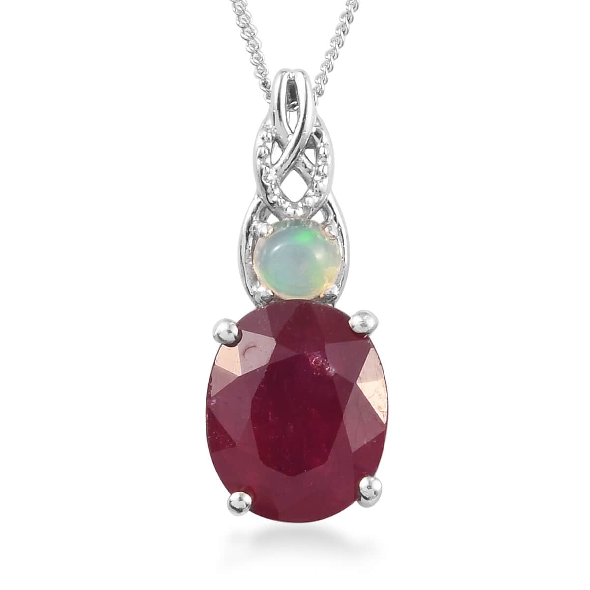 Niassa Ruby and Ethiopian Welo Opal Pendant Necklace 20 Inches in Platinum Over Sterling Silver 5.10 ctw image number 0