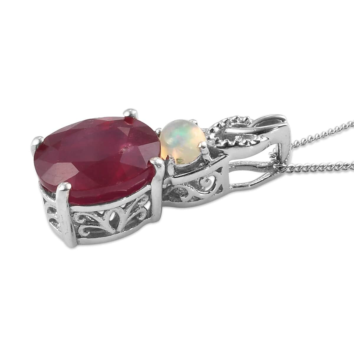 Niassa Ruby and Ethiopian Welo Opal Pendant Necklace 20 Inches in Platinum Over Sterling Silver 5.10 ctw image number 2