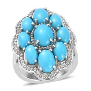 American Natural Sleeping Beauty Turquoise and Zircon Cluster Ring in Platinum Over Sterling Silver (Size 10.0) 6.00 ctw