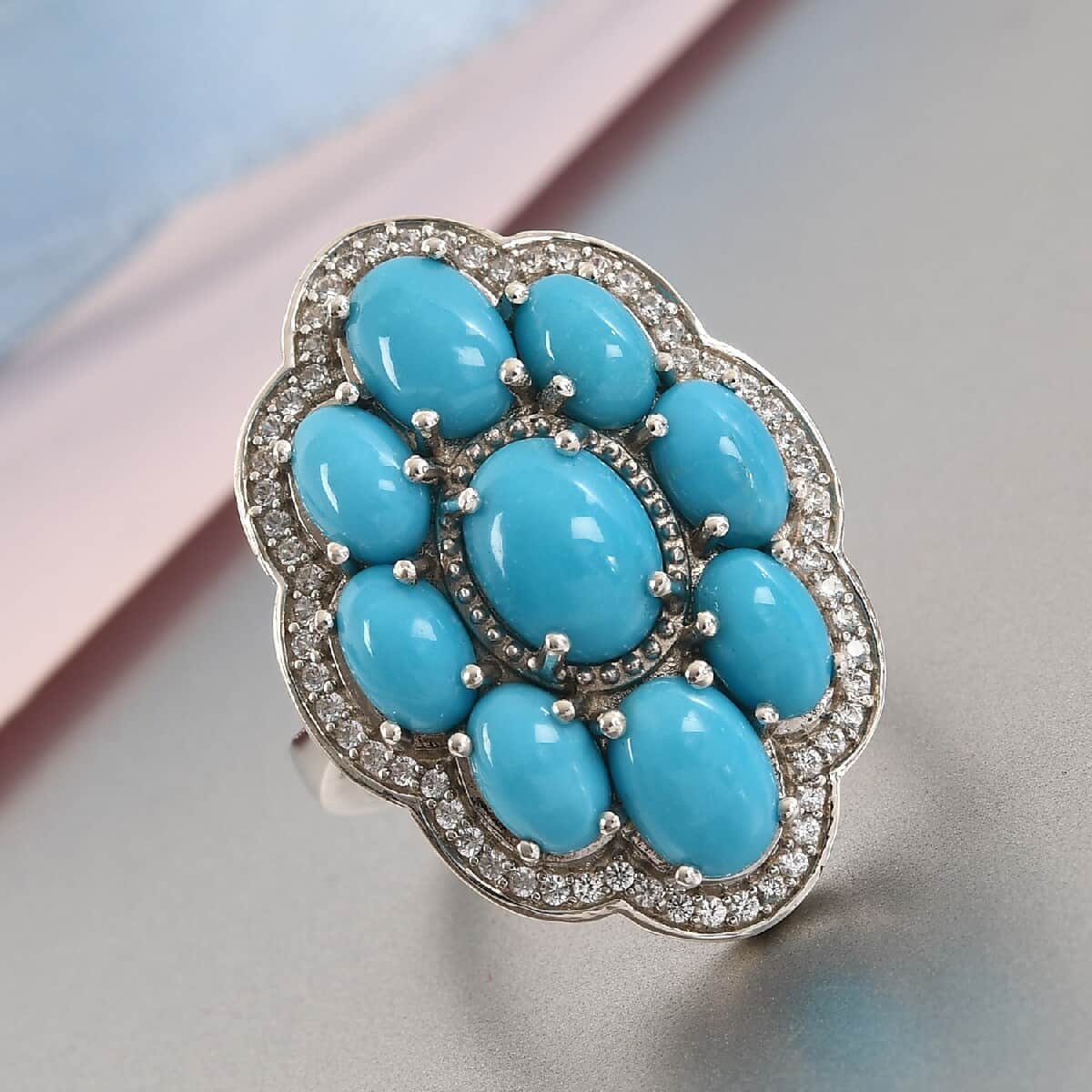 AMERICAN Natural Sleeping Beauty Turquoise, Zircon Cluster Ring in Platinum Over Sterling Silver (Size 10.0) 6.00 ctw image number 1