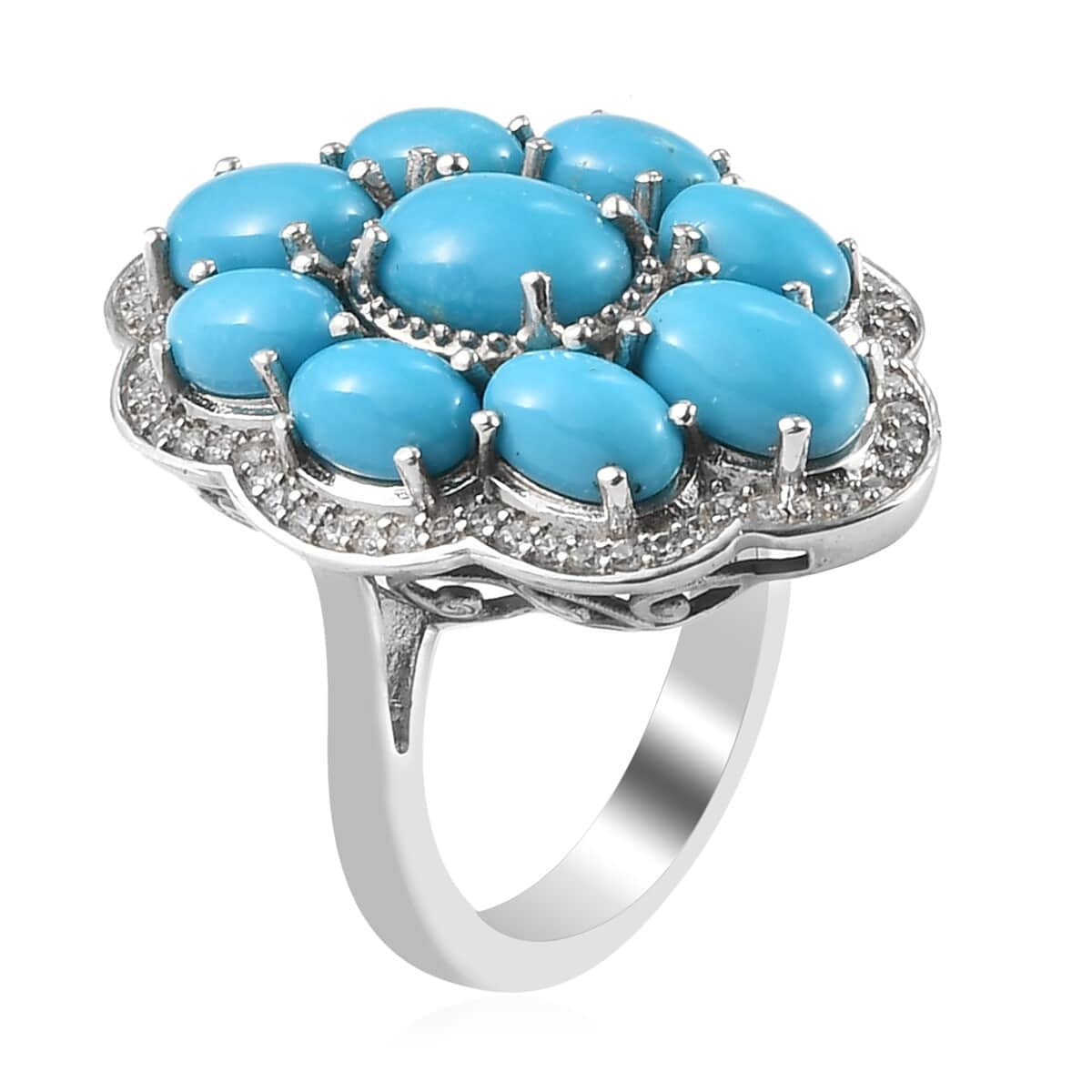 AMERICAN Natural Sleeping Beauty Turquoise, Zircon Cluster Ring in Platinum Over Sterling Silver (Size 10.0) 6.00 ctw image number 3