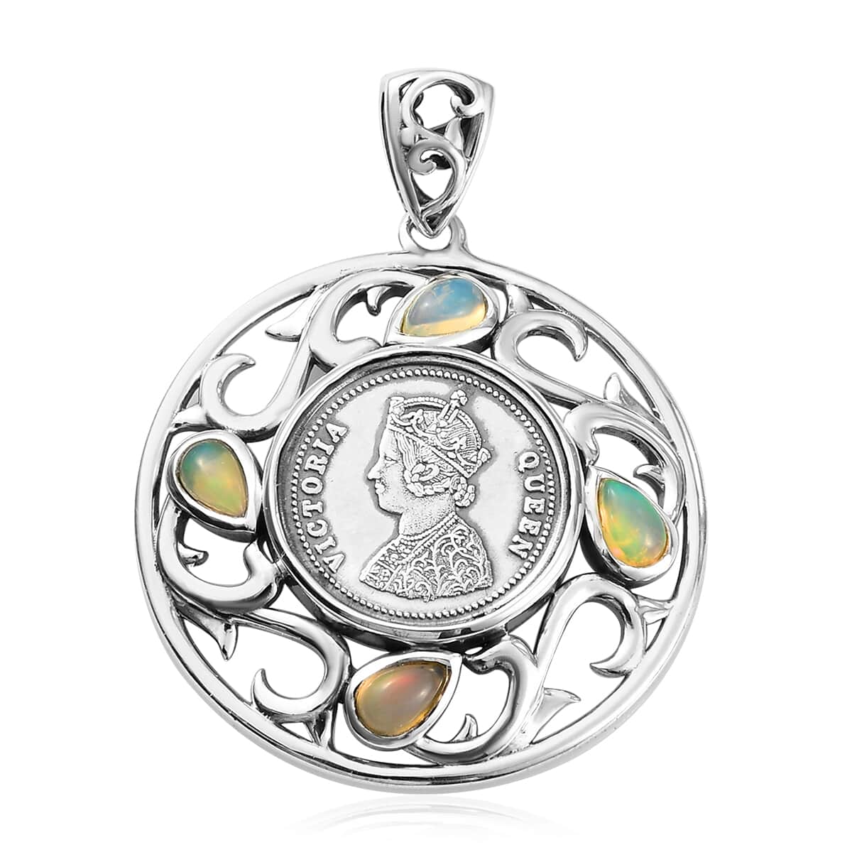 Ethiopian Welo Opal Queen Victoria Coin with Floral Framework Pendant in Sterling Silver 7.40 Grams 0.70 ctw image number 0