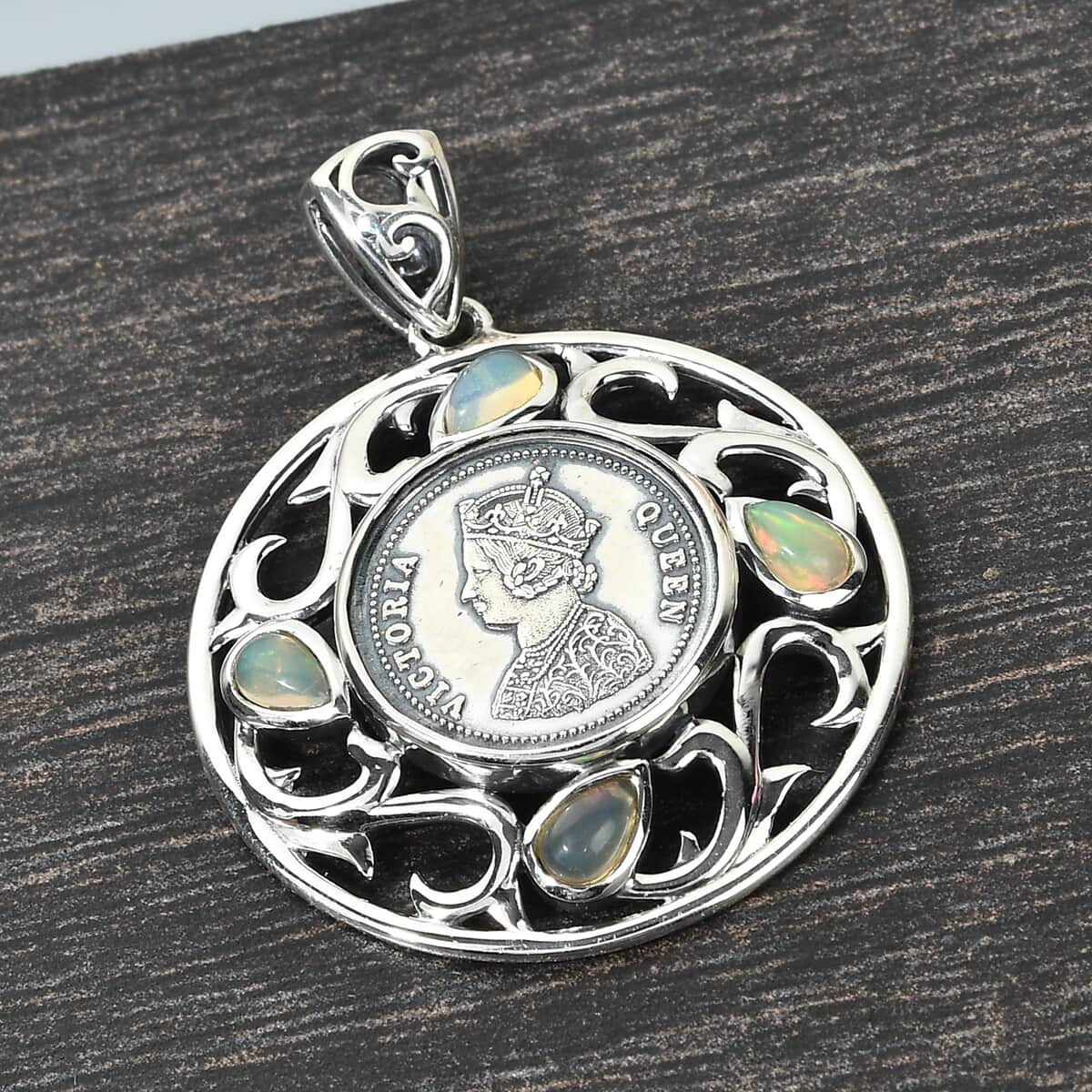 Ethiopian Welo Opal Queen Victoria Coin with Floral Framework Pendant in Sterling Silver 7.40 Grams 0.70 ctw image number 1