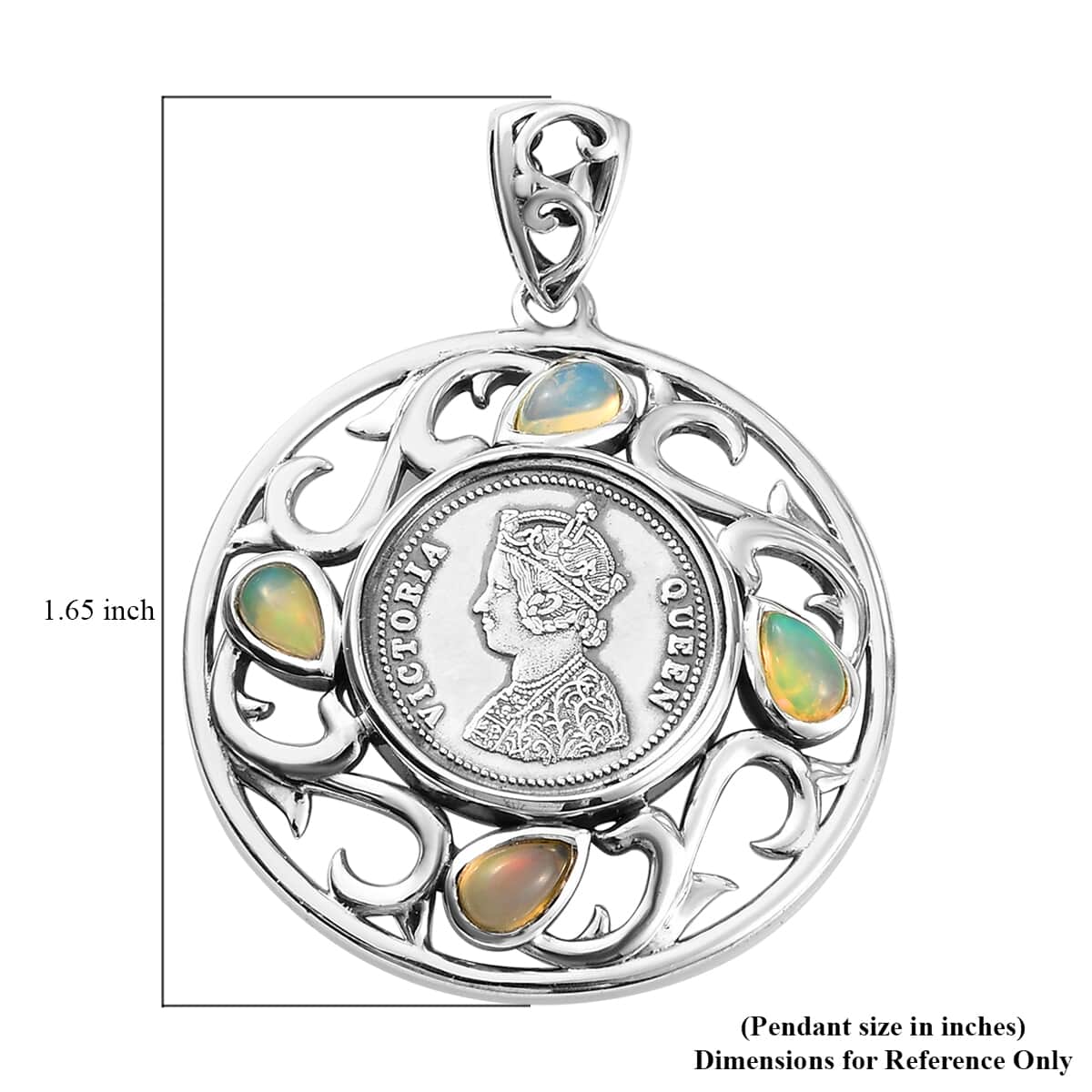 Ethiopian Welo Opal Queen Victoria Coin with Floral Framework Pendant in Sterling Silver 7.40 Grams 0.70 ctw image number 5