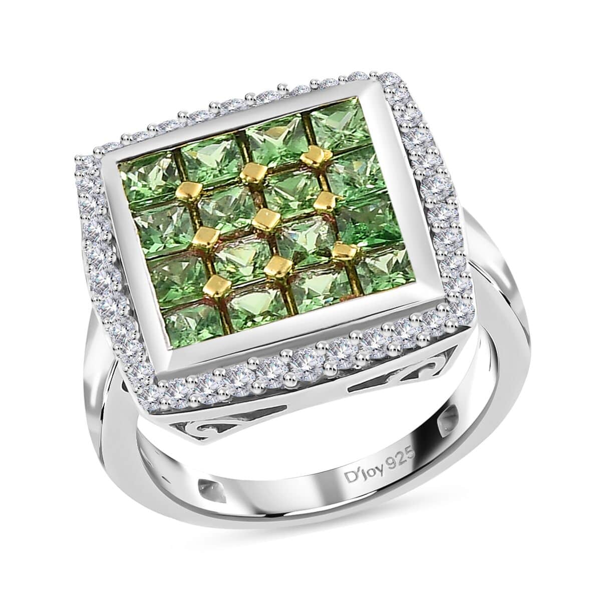 Tsavorite Garnet White Zircon Ring in Rhodium and Platinum Over Sterling Silver, Wedding Rings (Size 10.0) 2.20 ctw image number 0