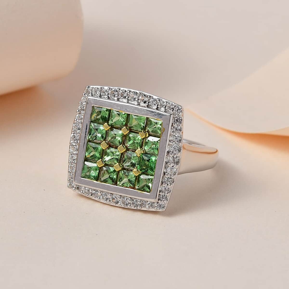 Tsavorite Garnet White Zircon Ring in Rhodium and Platinum Over Sterling Silver, Wedding Rings (Size 10.0) 2.20 ctw image number 1