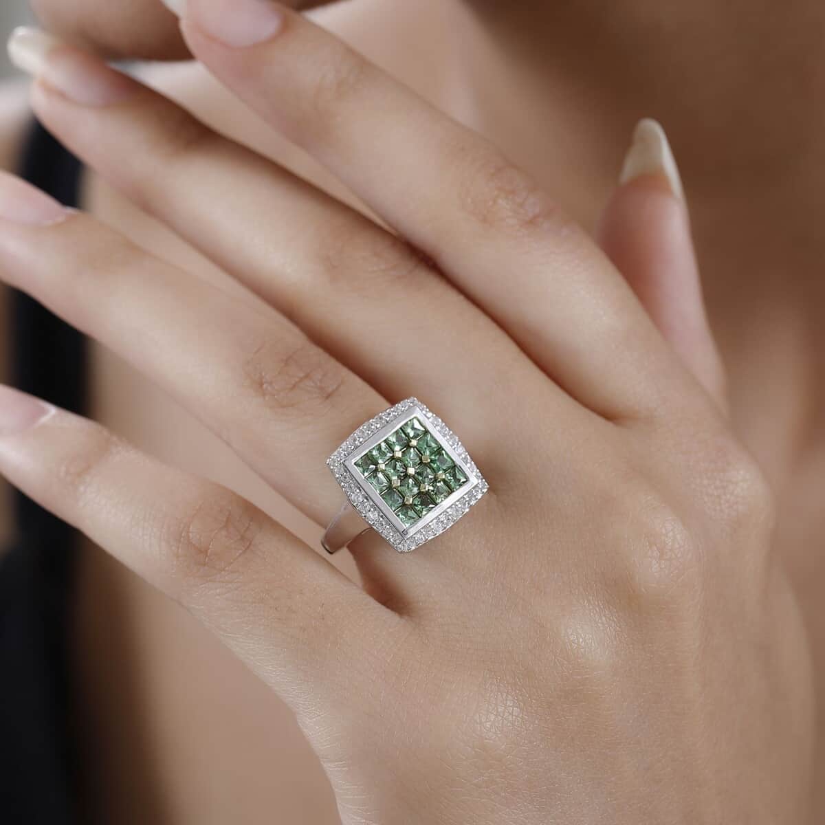 Tsavorite Garnet and White Zircon Ring in Rhodium & Platinum Over Sterling Silver (Size 5.0) 2.20 ctw image number 2