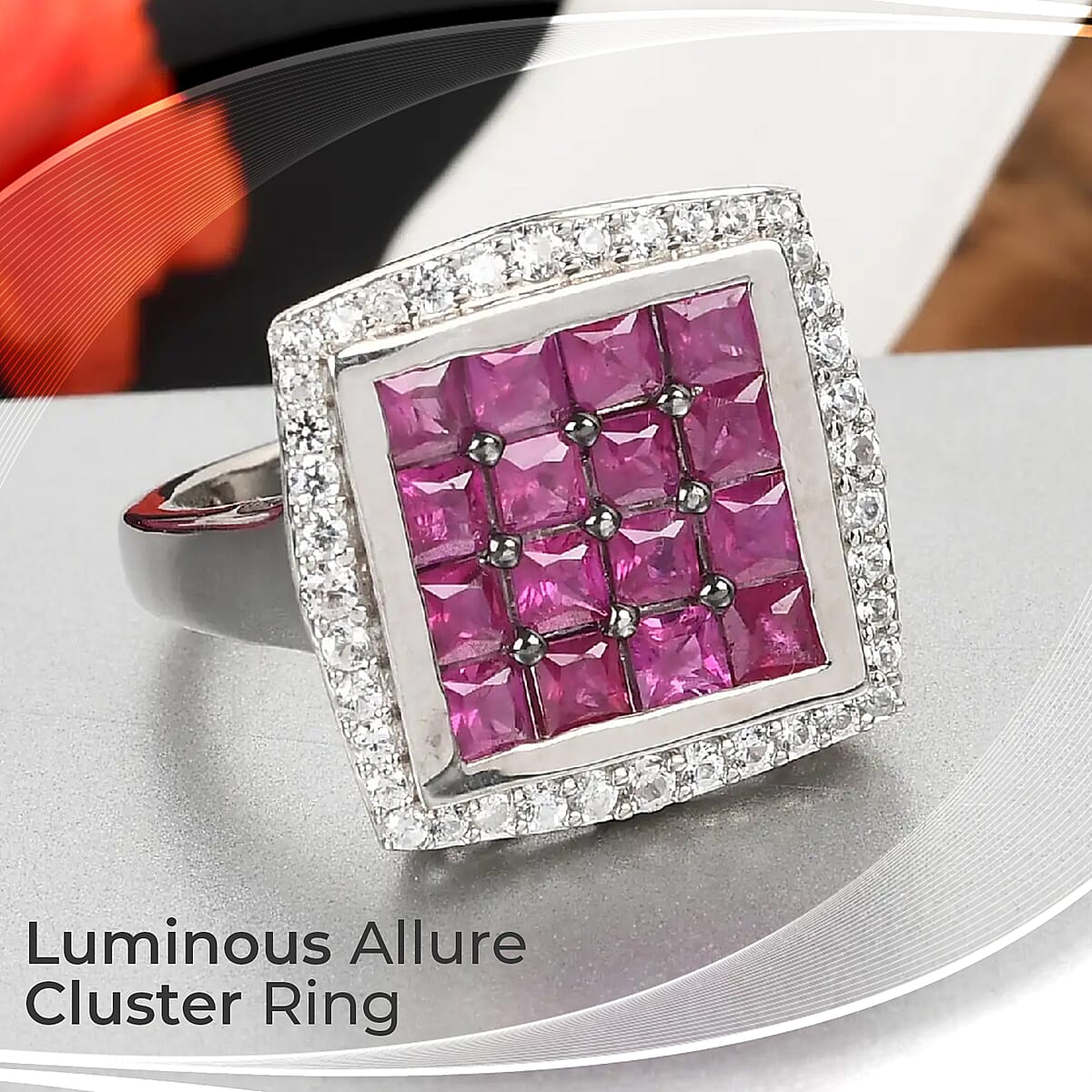 Royal Thai Ruby and Natural White Zircon Ring in Rhodium and Platinum Over Sterling Silver (Size 8.0) 2.10 ctw image number 1