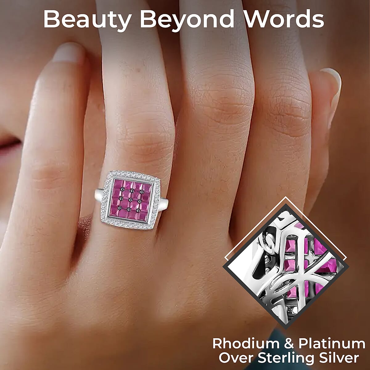 Royal Thai Ruby and Natural White Zircon Ring in Rhodium and Platinum Over Sterling Silver (Size 8.0) 2.10 ctw image number 2