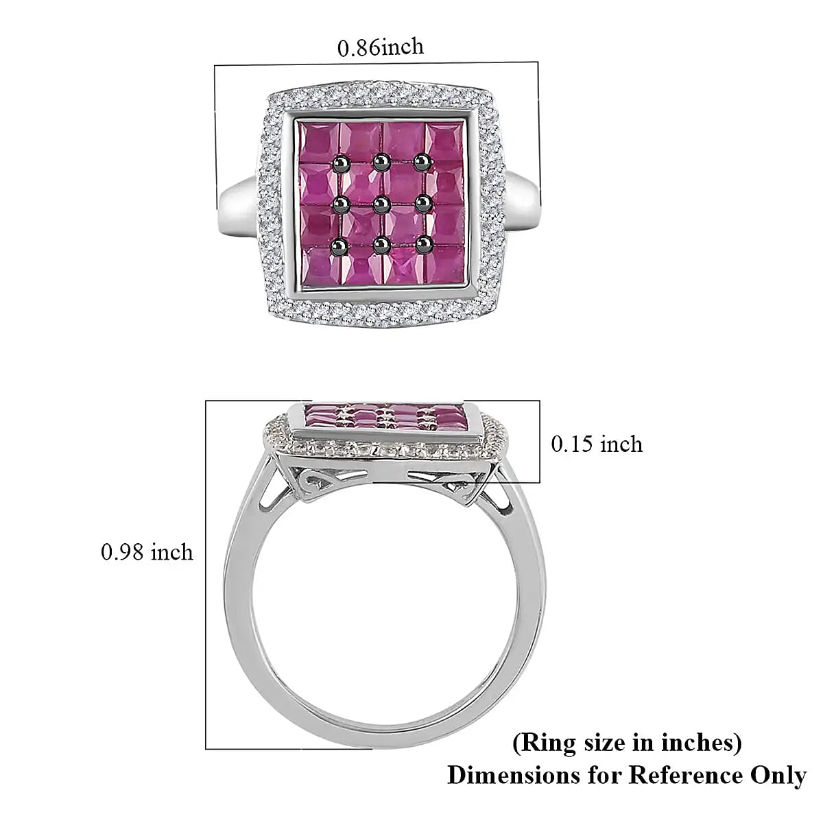 Royal Thai Ruby and Natural White Zircon Ring in Rhodium and Platinum Over Sterling Silver (Size 8.0) 2.10 ctw image number 6