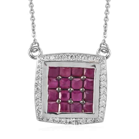 Royal Thai Ruby and Natural White Zircon Fancy Necklace 18 Inches in Rhodium and Platinum Over Sterling Silver 2.00 ctw image number 0