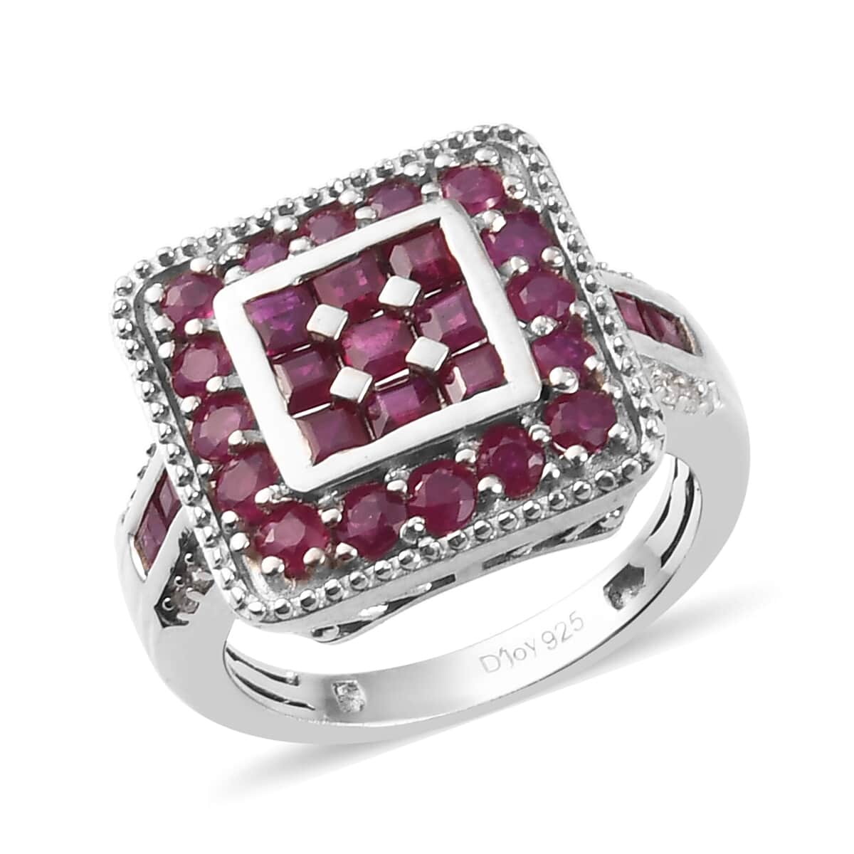 Royal Thai Ruby and Zircon Cluster Ring in Platinum Over Sterling Silver (Size 8.0) 2.35 ctw image number 0