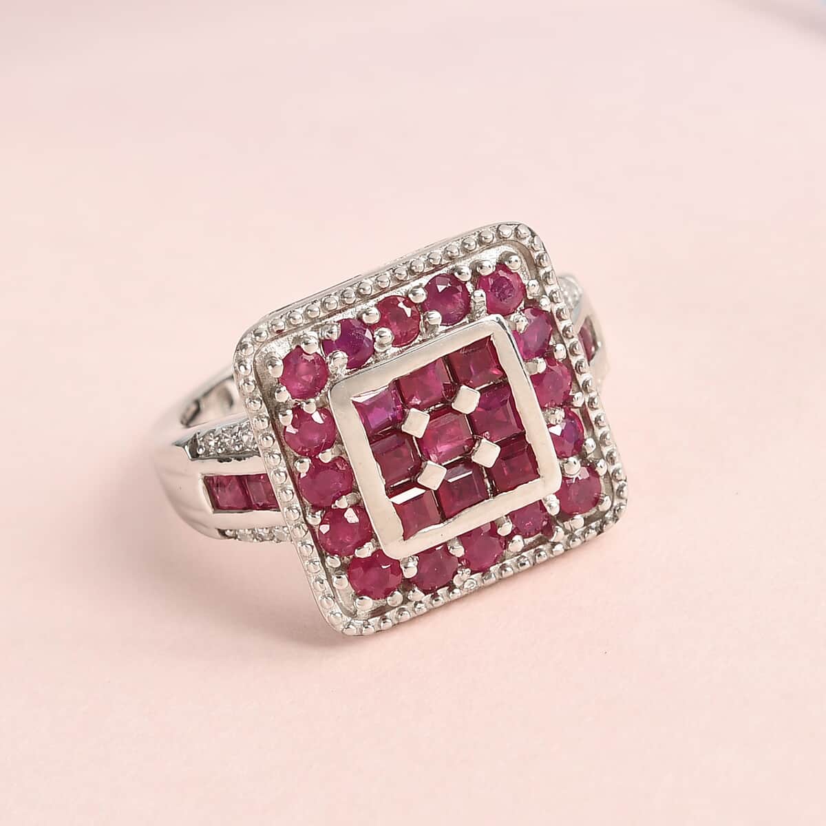 Royal Thai Ruby and Zircon Cluster Ring in Platinum Over Sterling Silver (Size 8.0) 2.35 ctw image number 1