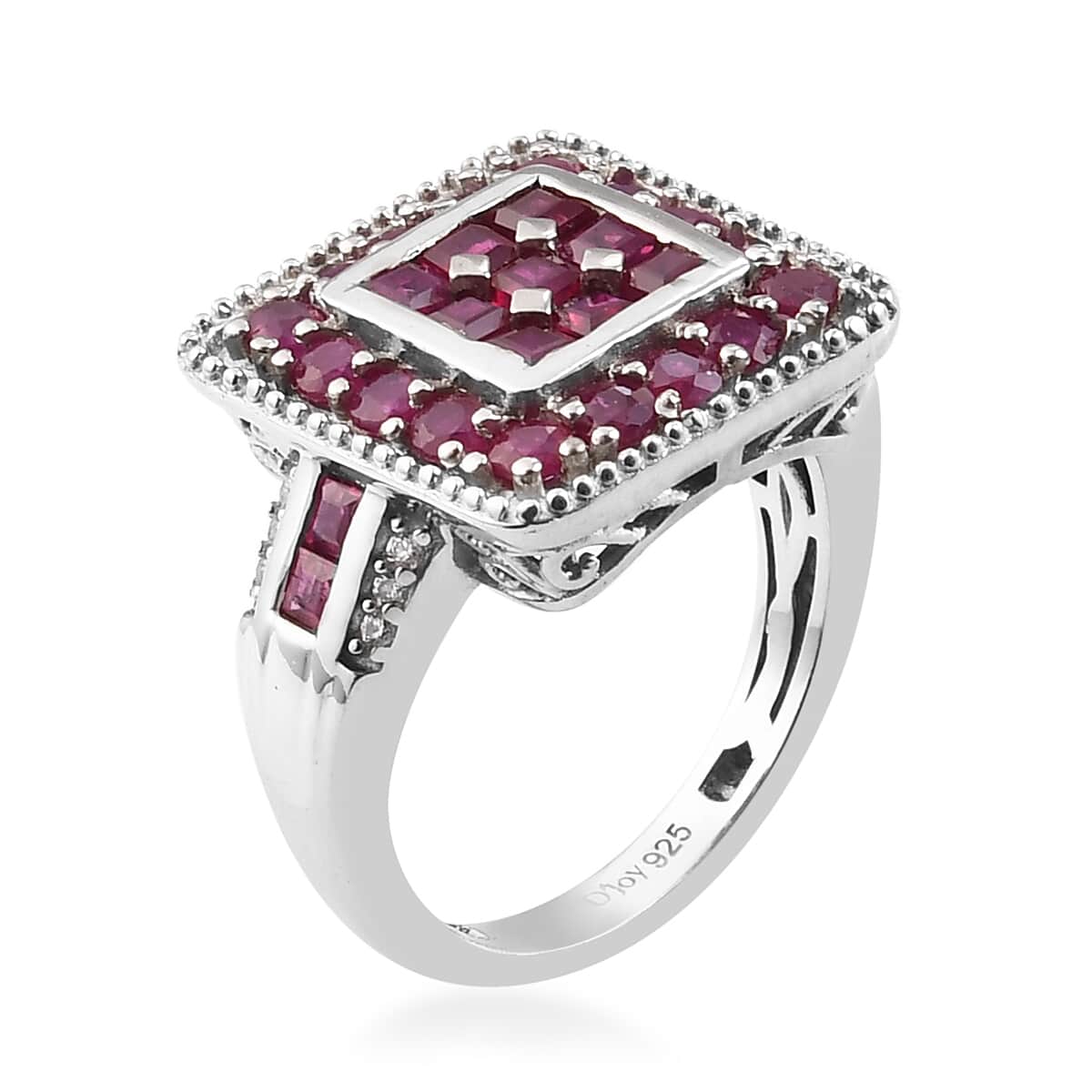 Royal Thai Ruby and Zircon Cluster Ring in Platinum Over Sterling Silver (Size 8.0) 2.35 ctw image number 3