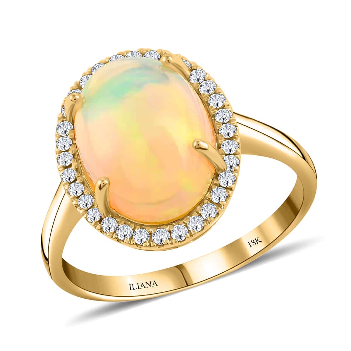 Iliana 18K Yellow Gold AAA Ethiopian Welo Opal and G-H SI Diamond Halo Ring (Size 6.0) 4.80 Grams 4.30 ctw image number 0