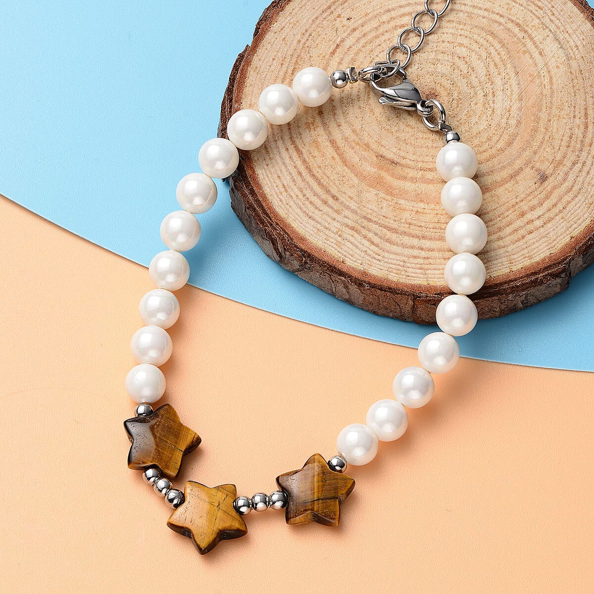 Yellow Tiger's Eye and White Shell Pearl Orion Belt Theme Bracelet in Stainless Steel (7.50 In) 10.50 ctw image number 1