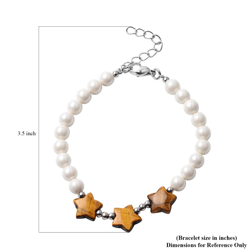 Yellow Tiger's Eye and White Shell Pearl Orion Belt Theme Bracelet in Stainless Steel (7.50 In) 10.50 ctw