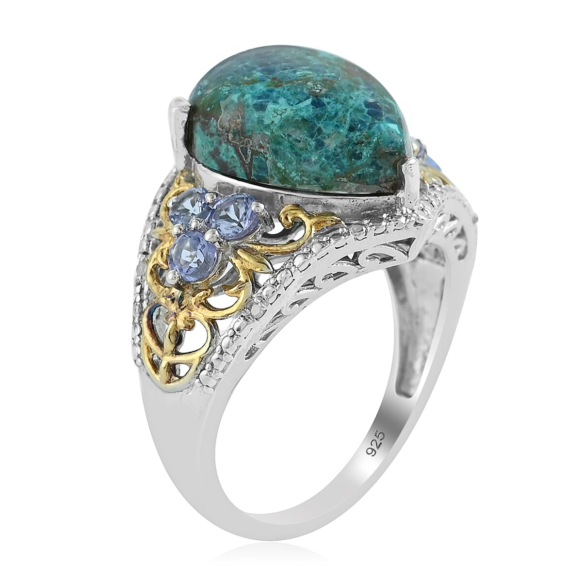 Australian Chrysocolla, Tanzanite and Diamond Ring in 14K Yellow Gold and Platinum Over Sterling Silver (Size 10.0) 7.40 ctw image number 2