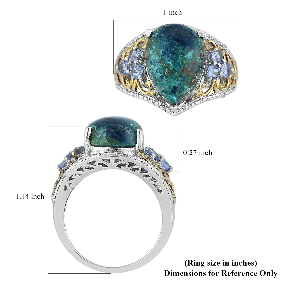 Australian Chrysocolla, Tanzanite and Diamond Ring in 14K Yellow Gold and Platinum Over Sterling Silver (Size 10.0) 7.40 ctw image number 4