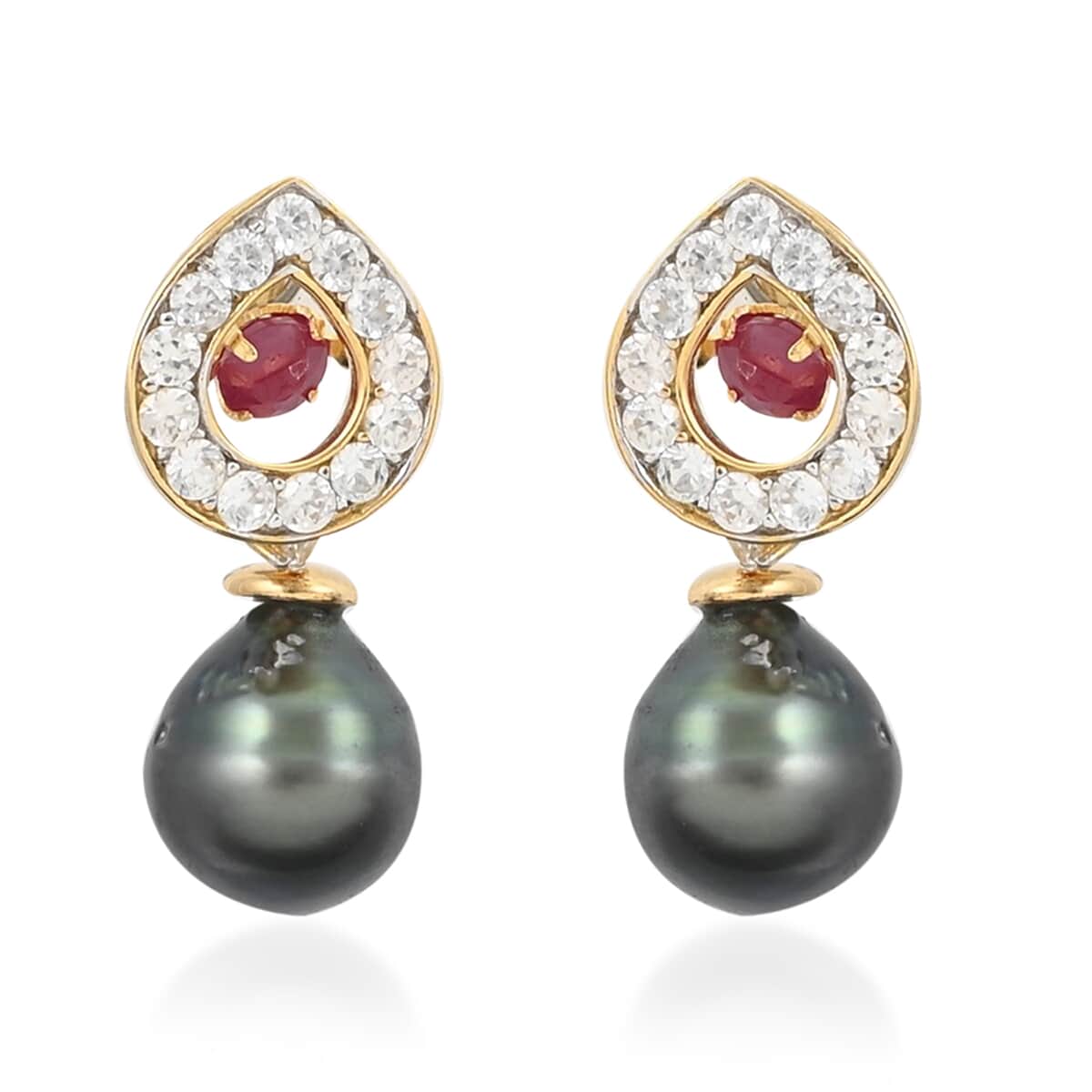 Tahitian Pearl and Multi Gemstone Earrings in 14K Yellow Gold Over Sterling Silver 1.80 ctw image number 0