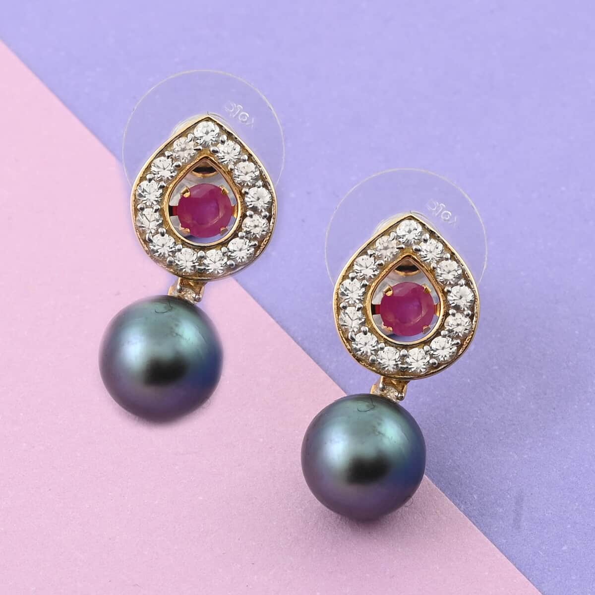 Tahitian Pearl and Multi Gemstone Earrings in 14K Yellow Gold Over Sterling Silver 1.80 ctw image number 1