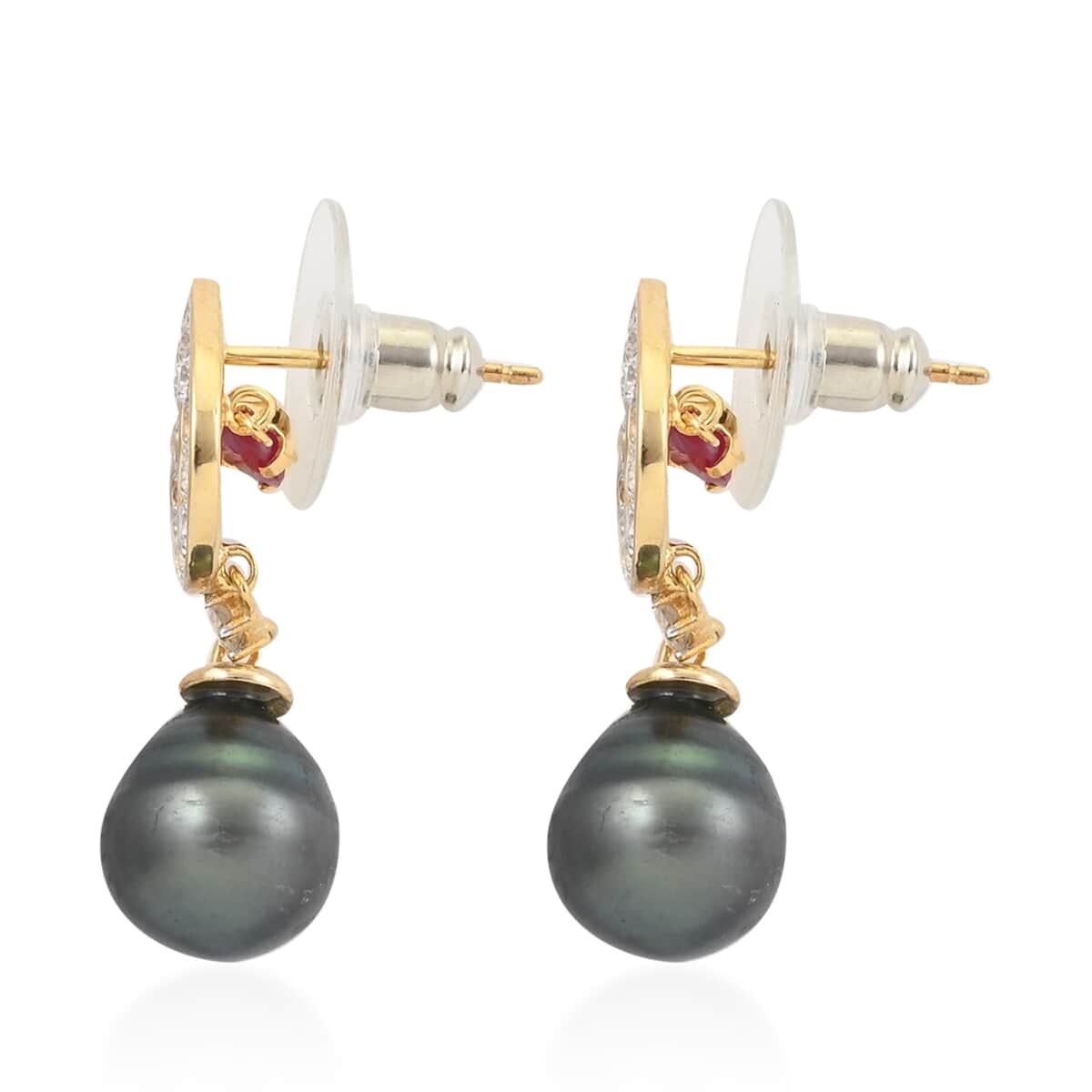 Tahitian Pearl and Multi Gemstone Earrings in 14K Yellow Gold Over Sterling Silver 1.80 ctw image number 3