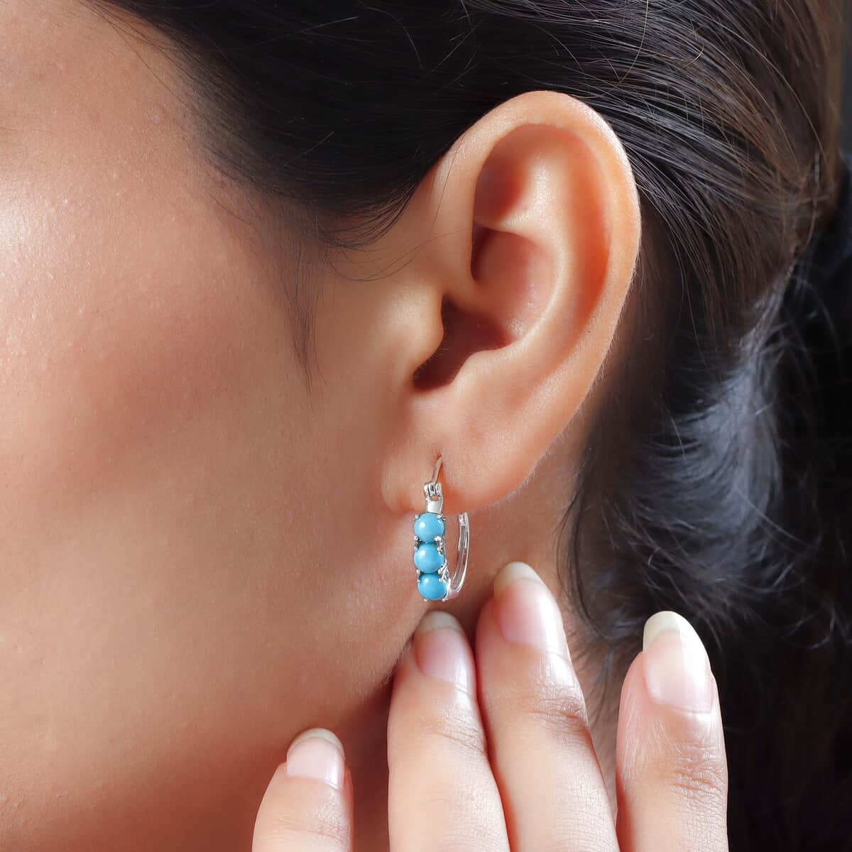 Sleeping Beauty Turquoise Hoop Earrings in Platinum Over Sterling Silver 1.75 ctw image number 2