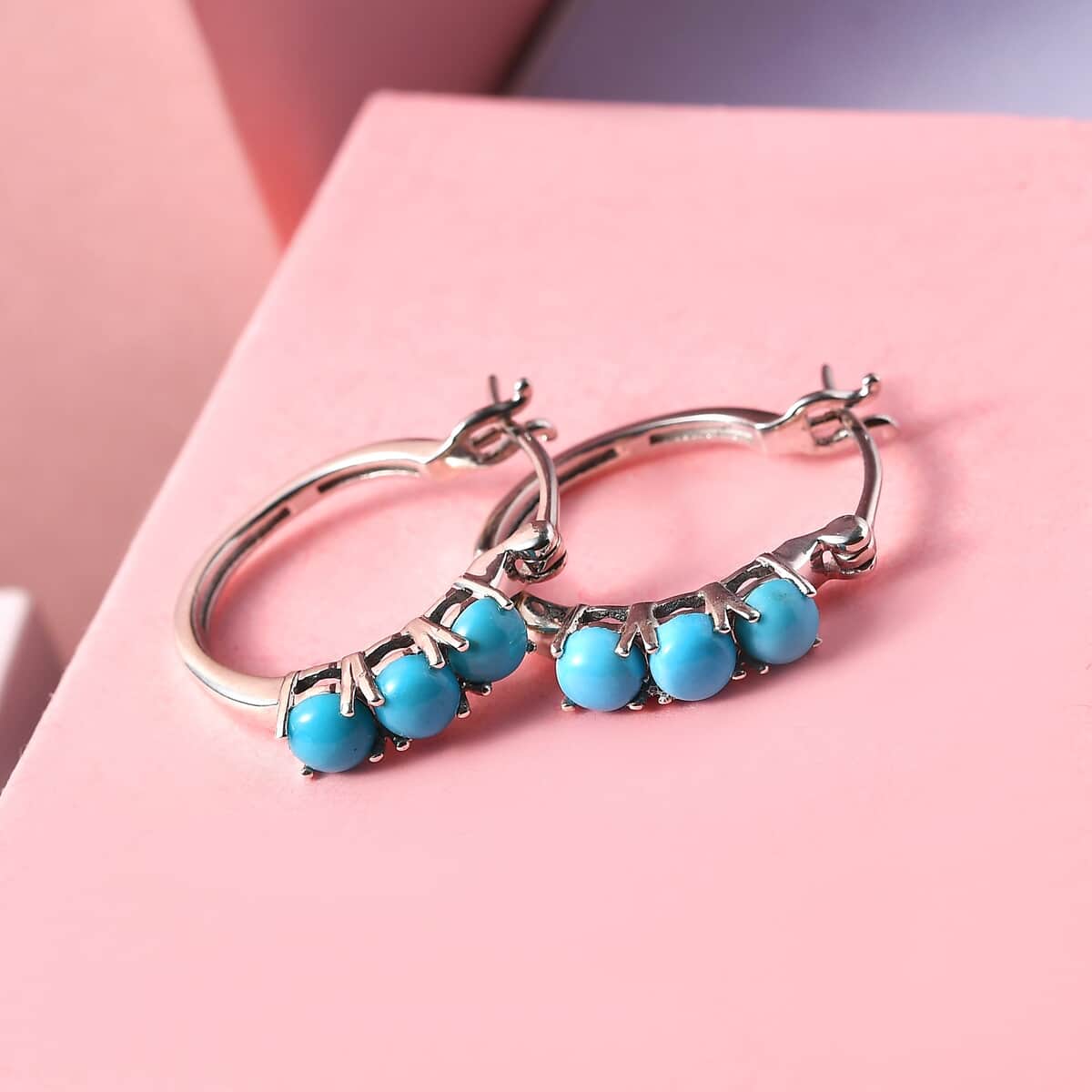 Sleeping Beauty Turquoise Hoop Earrings in Platinum Over Sterling Silver 1.75 ctw image number 4