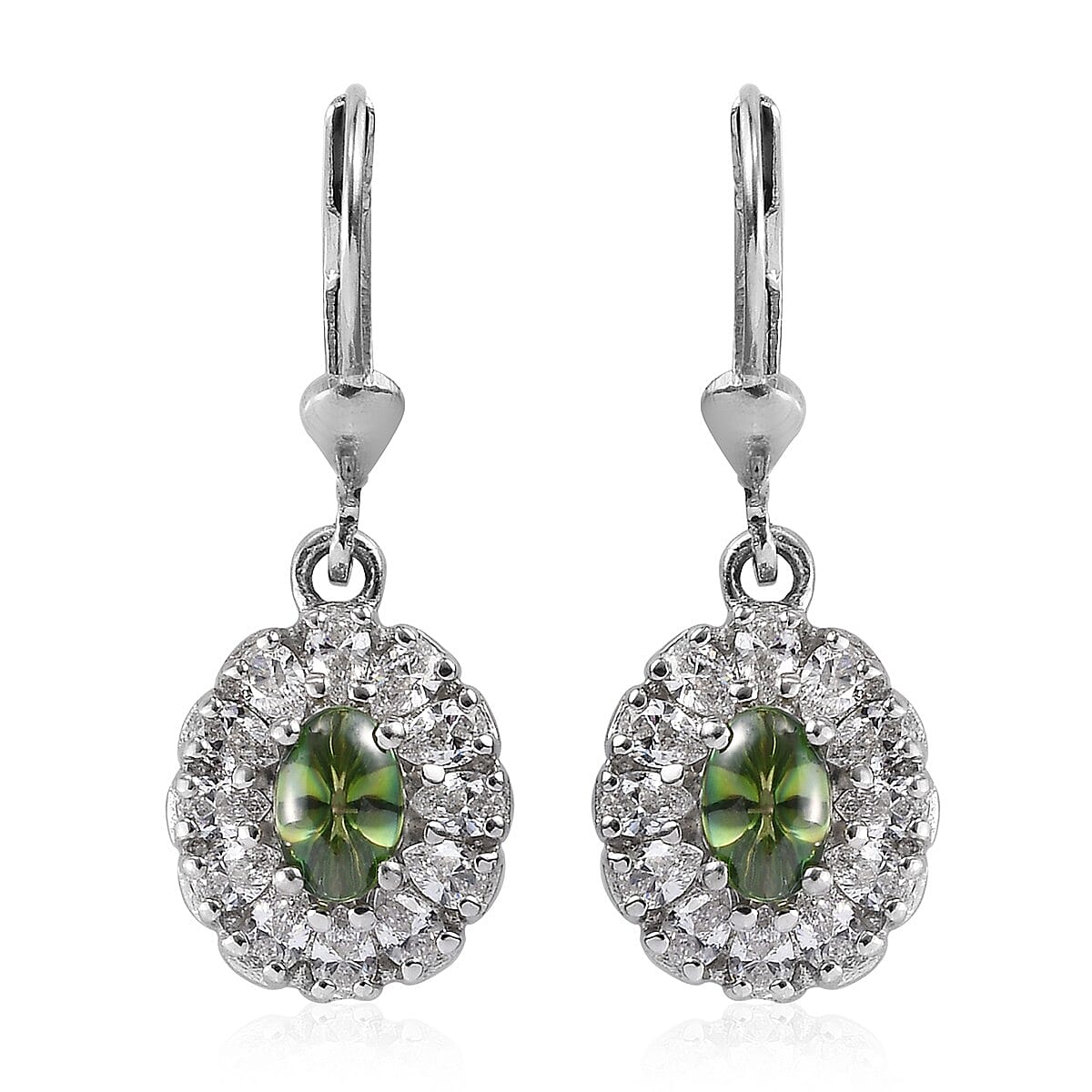 Lustro Stella Made with Finest Spring Green and White CZ Dangling Earrings in Platinum Over Sterling Silver 3.50 ctw