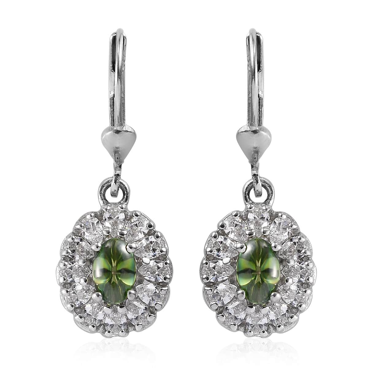 Lustro Stella Made with Finest Spring Green and White CZ Dangling Earrings in Platinum Over Sterling Silver 3.50 ctw image number 0