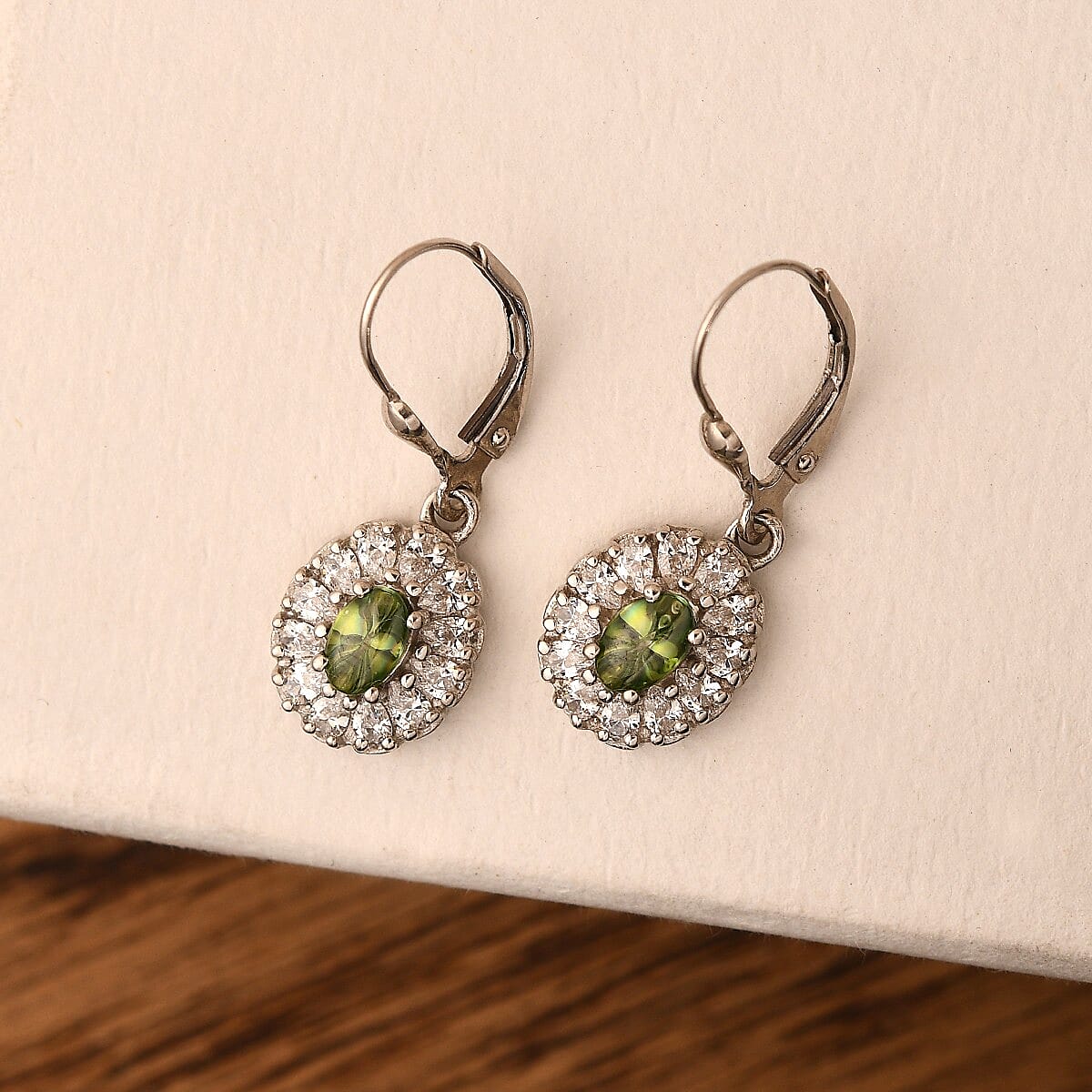 Lustro Stella Made with Finest Spring Green and White CZ Dangling Earrings in Platinum Over Sterling Silver 3.50 ctw