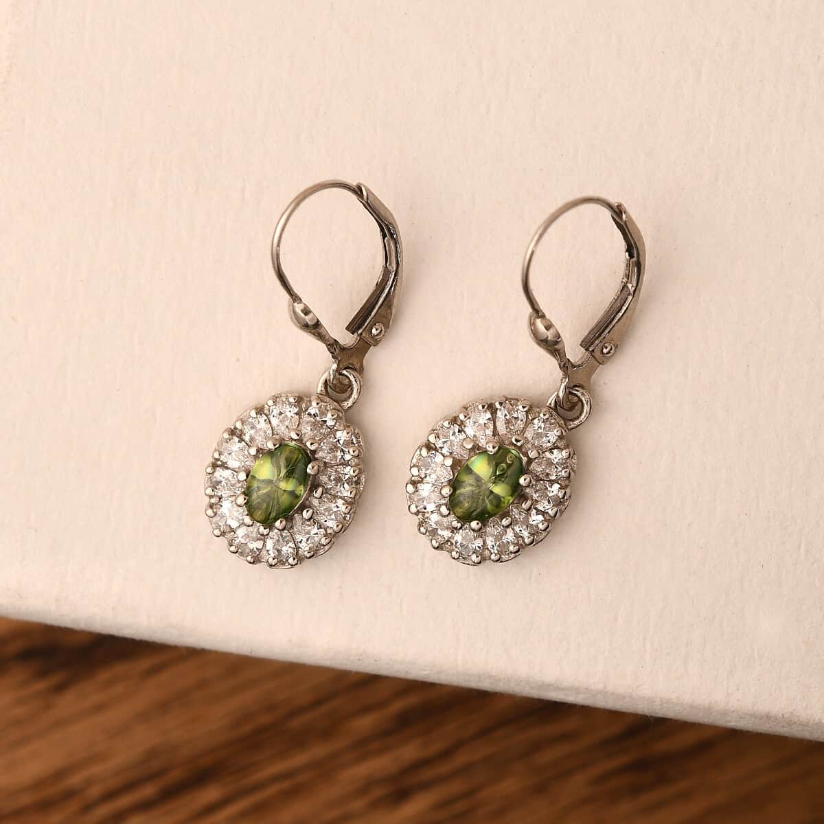 Lustro Stella Made with Finest Spring Green and White CZ Dangling Earrings in Platinum Over Sterling Silver 3.50 ctw image number 1