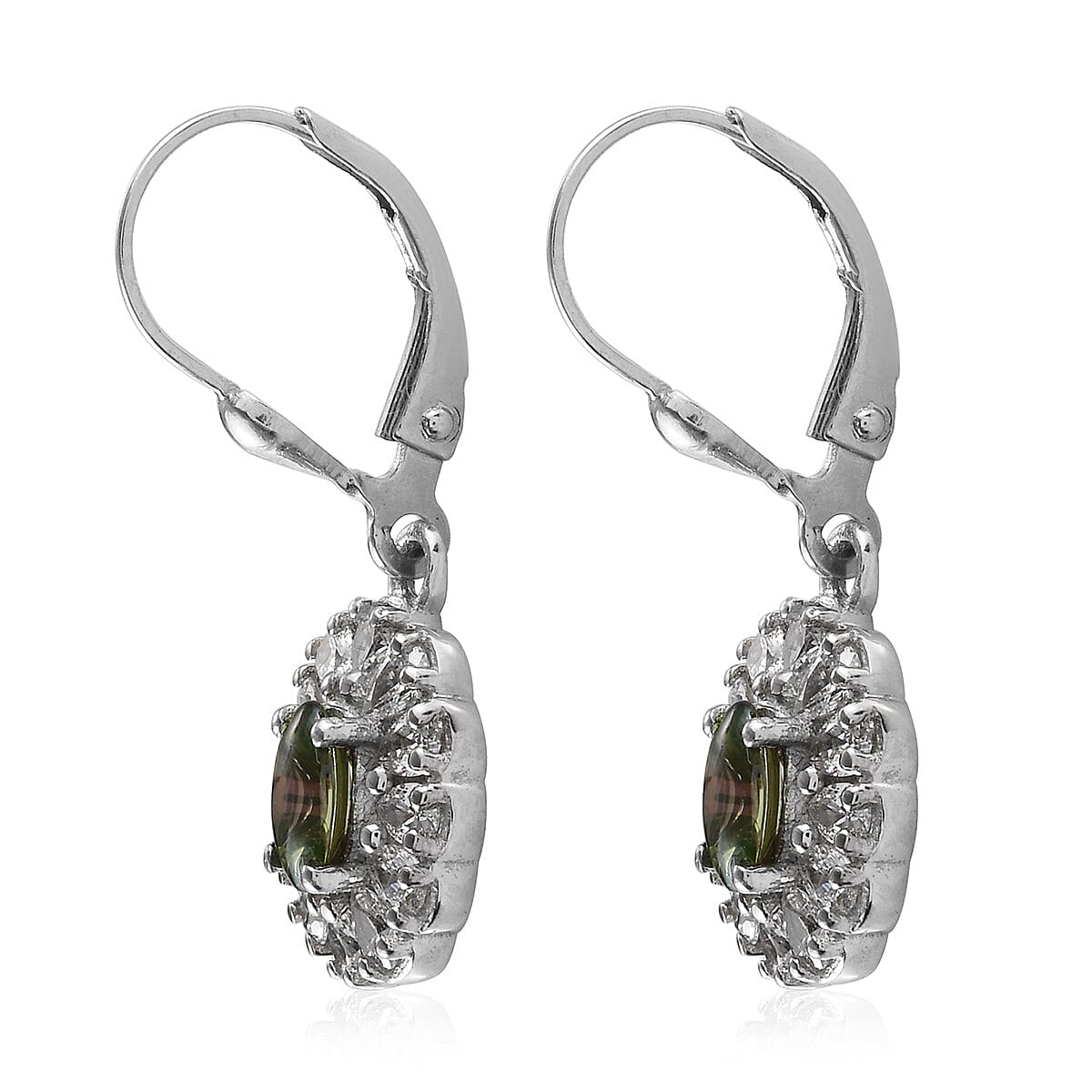 Lustro Stella Made with Finest Spring Green and White CZ Dangling Earrings in Platinum Over Sterling Silver 3.50 ctw