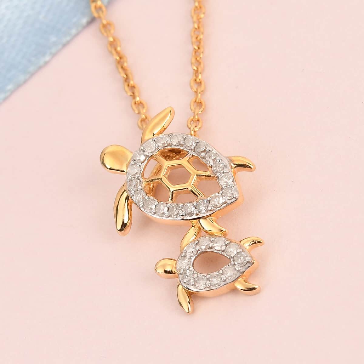 Diamond Turtle Family Pendant Necklace 20 Inches in Vermeil Yellow Gold and Platinum Over Sterling Silver 0.25 ctw image number 1