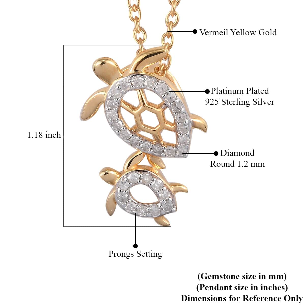 Diamond Turtle Family Pendant Necklace 20 Inches in Vermeil Yellow Gold and Platinum Over Sterling Silver 0.25 ctw image number 5