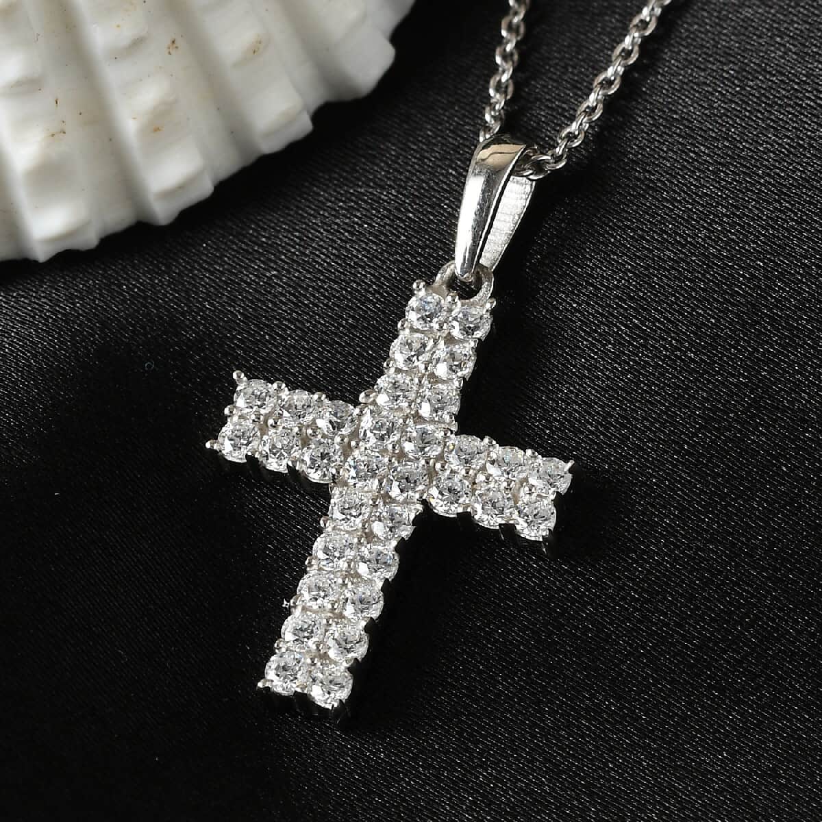 LUSTRO STELLA Made with Finest CZ Cross Pendant Necklace 20 Inches in Platinum Over Sterling Silver 1.35 ctw image number 1