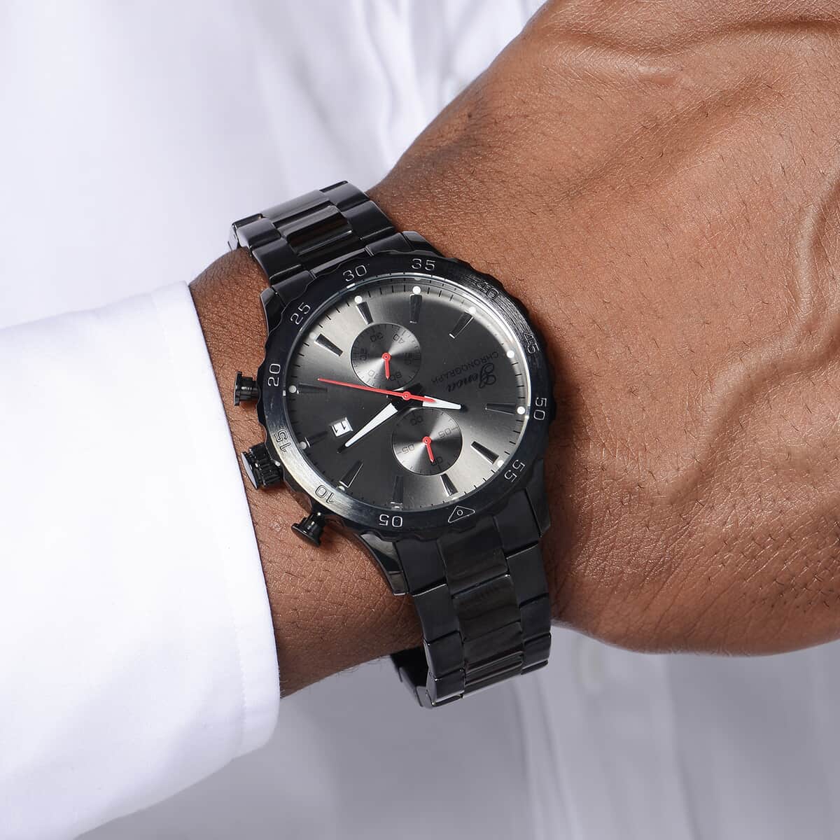 Genoa Multi-function Chronograph Watch with ION Plated Black Stainless Steel Strap & Black Dial (45mm) image number 2