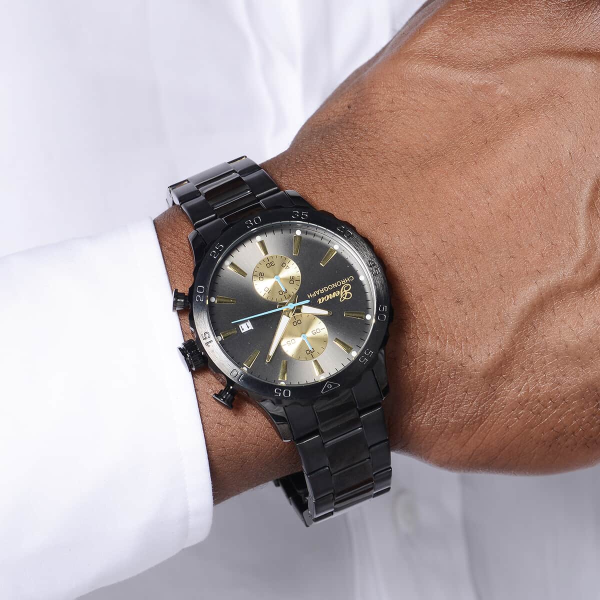 Genoa Multi-function Chronograph Watch with ION Plated Black Stainless Steel Strap & Golden Dial (45mm) image number 2