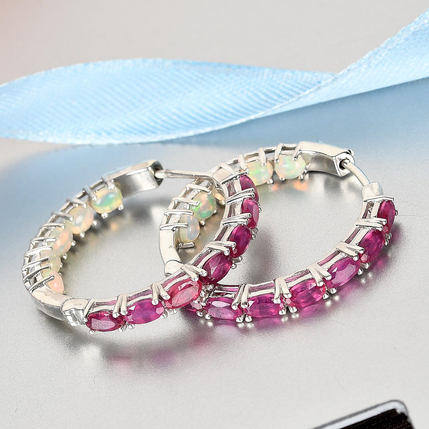 Niassa Ruby and Ethiopian Welo Opal Hoop Earrings in Platinum Over Sterling Silver 5.80 ctw