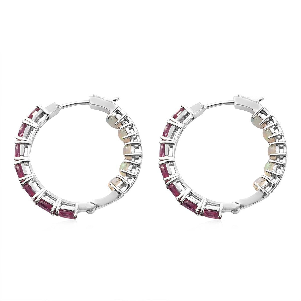 Niassa Ruby and Ethiopian Welo Opal Hoop Earrings in Platinum Over Sterling Silver 5.80 ctw