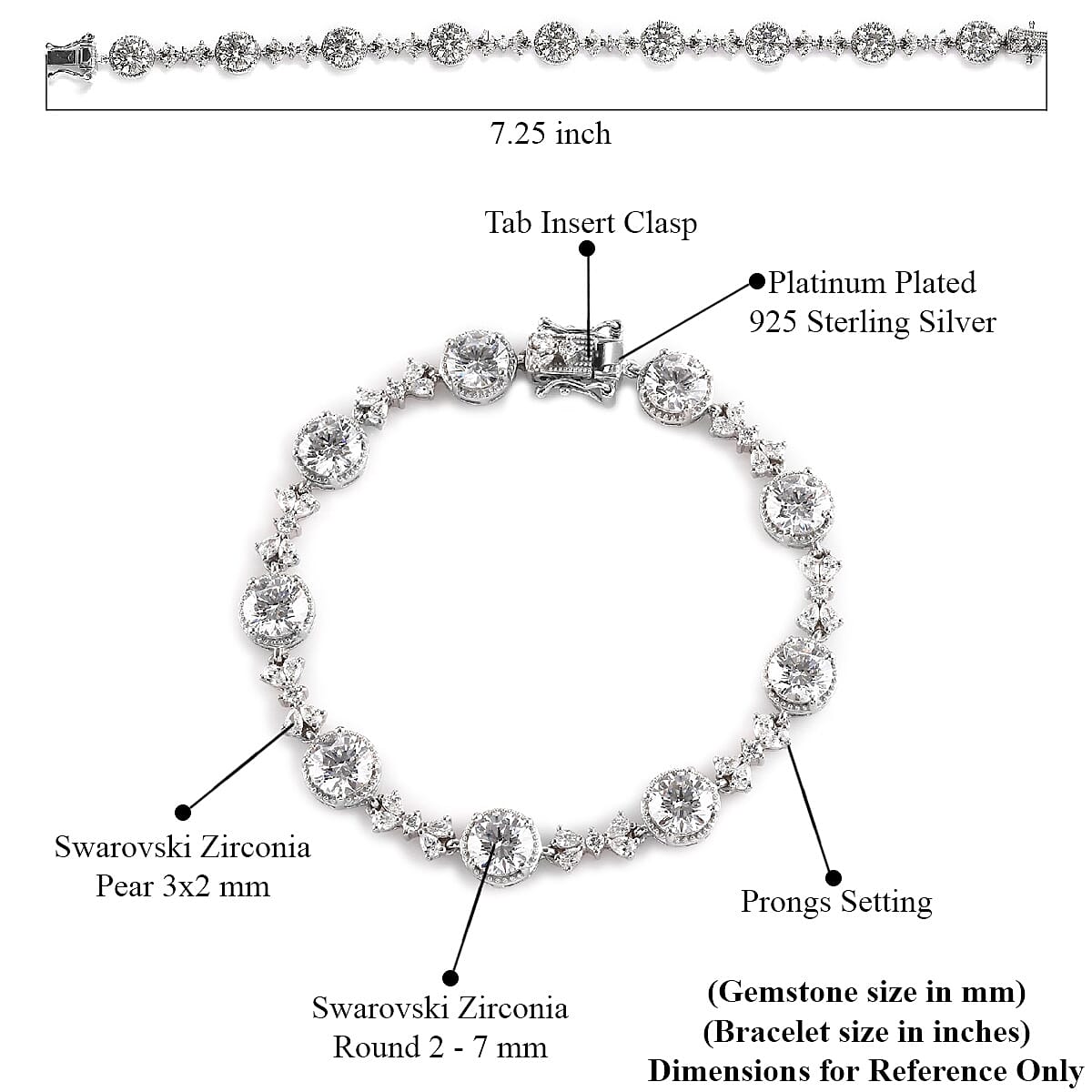 Lustro Stella Made with Finest CZ Bracelet in Platinum Over Sterling Silver (7.25 In) 11.30 Grams 24.00 ctw