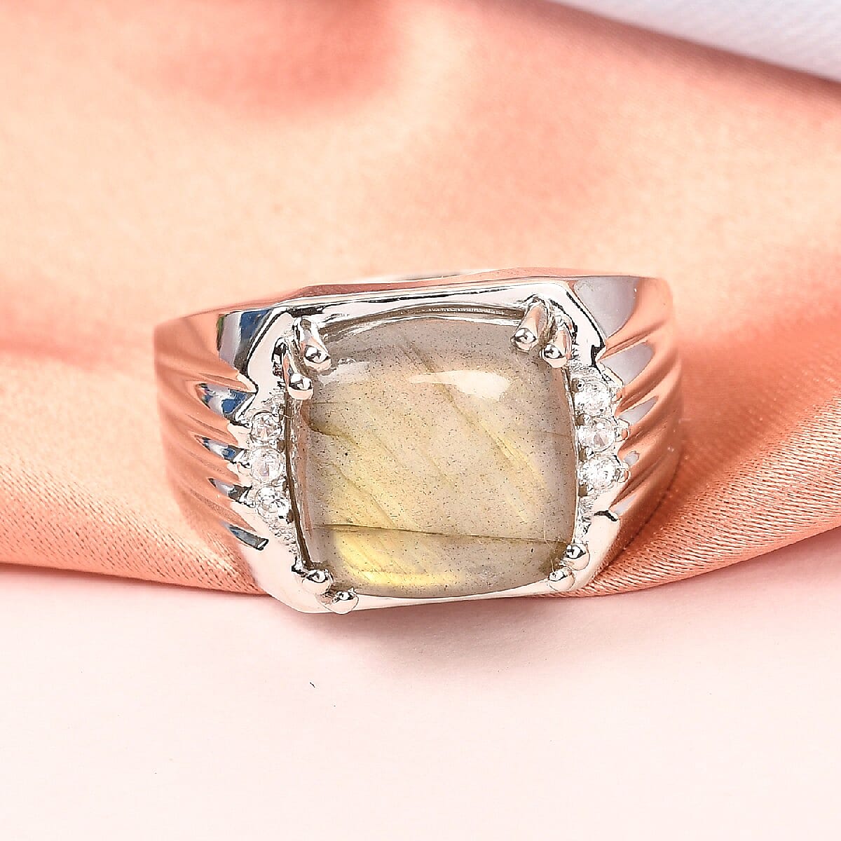 Malagasy Labradorite and White Zircon Men's Ring in Platinum Over Sterling Silver (Size 11.0) 13.25 ctw image number 1