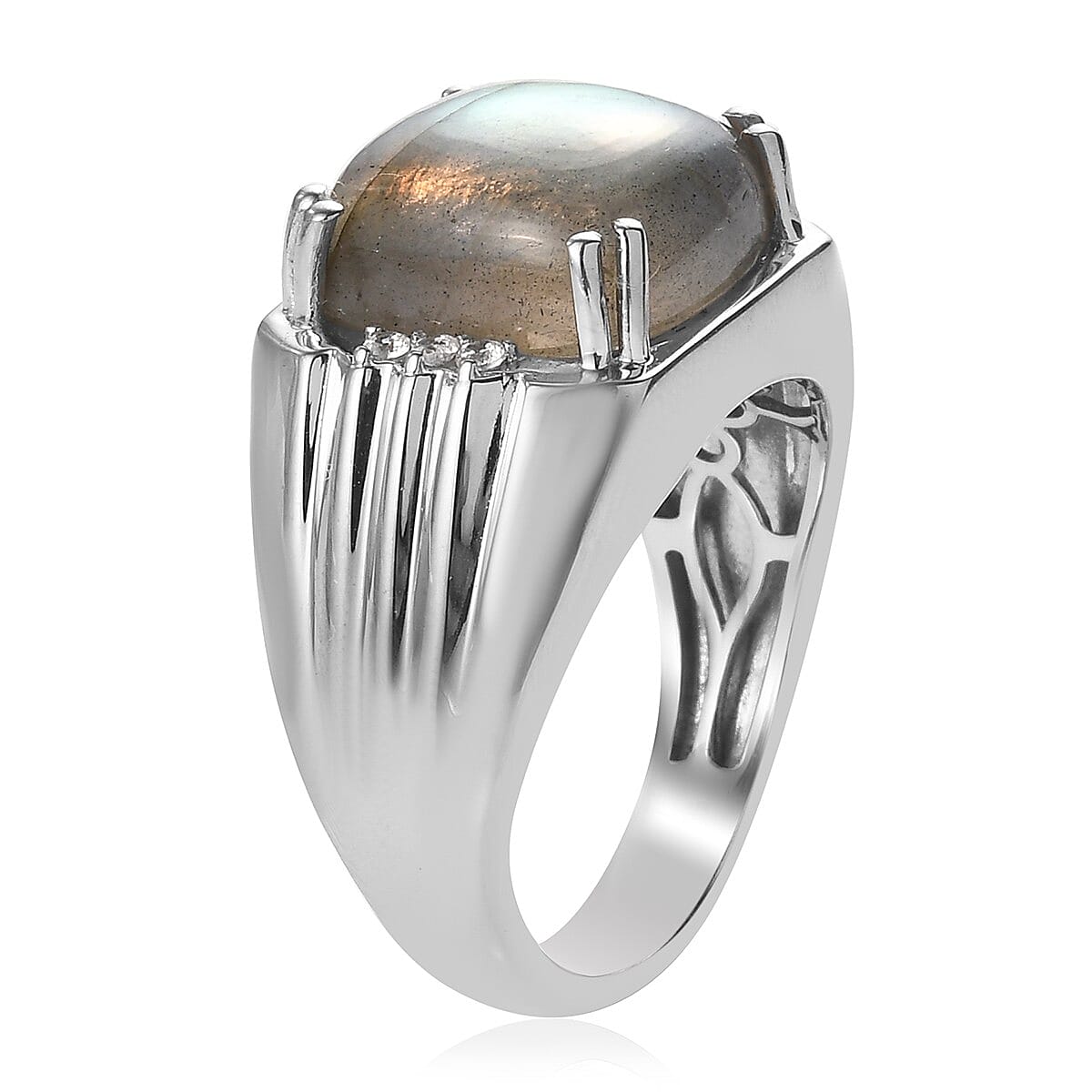 Malagasy Labradorite and White Zircon Men's Ring in Platinum Over Sterling Silver (Size 11.0) 13.25 ctw image number 3