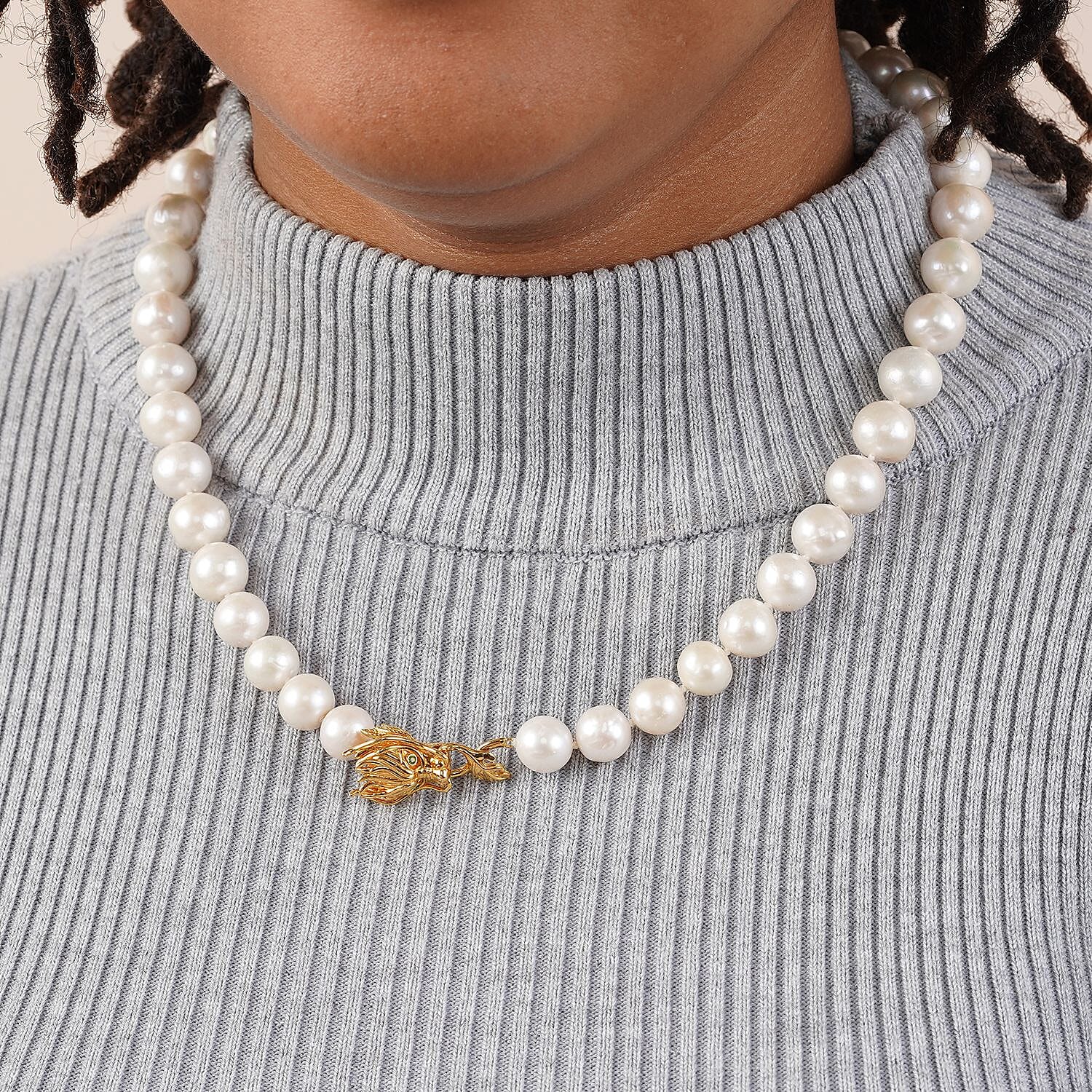 AAA White Edison Pearl and Chrome Diopside Necklace 20 Inches with Dragon Lock in Vermeil Yellow Gold Over Sterling Silver
