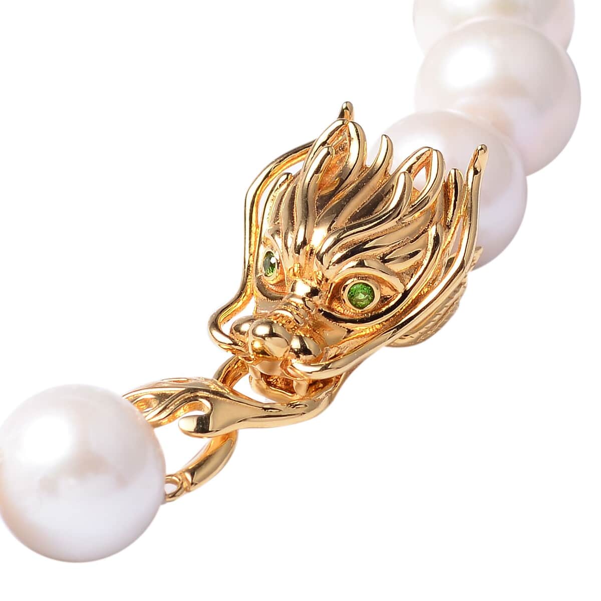 AAA White Edison Pearl and Natural Chrome Diopside Necklace 20 Inches with Dragon Lock in Vermeil Yellow Gold Over Sterling Silver image number 4