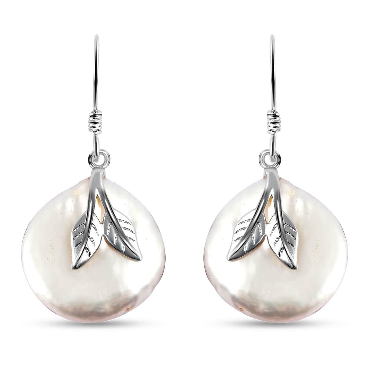 White Coin Freshwater Cultured Pearl and Leaf Charm Dangle Earrings in Rhodium Over Sterling Silver image number 0