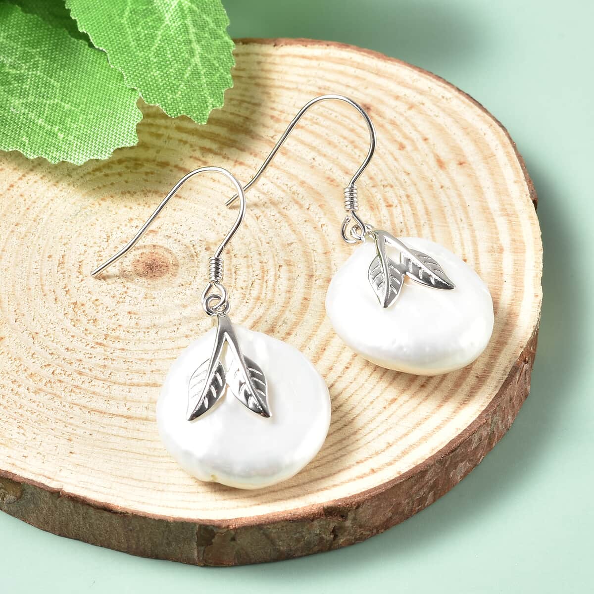 White Coin Freshwater Cultured Pearl and Leaf Charm Dangle Earrings in Rhodium Over Sterling Silver image number 1