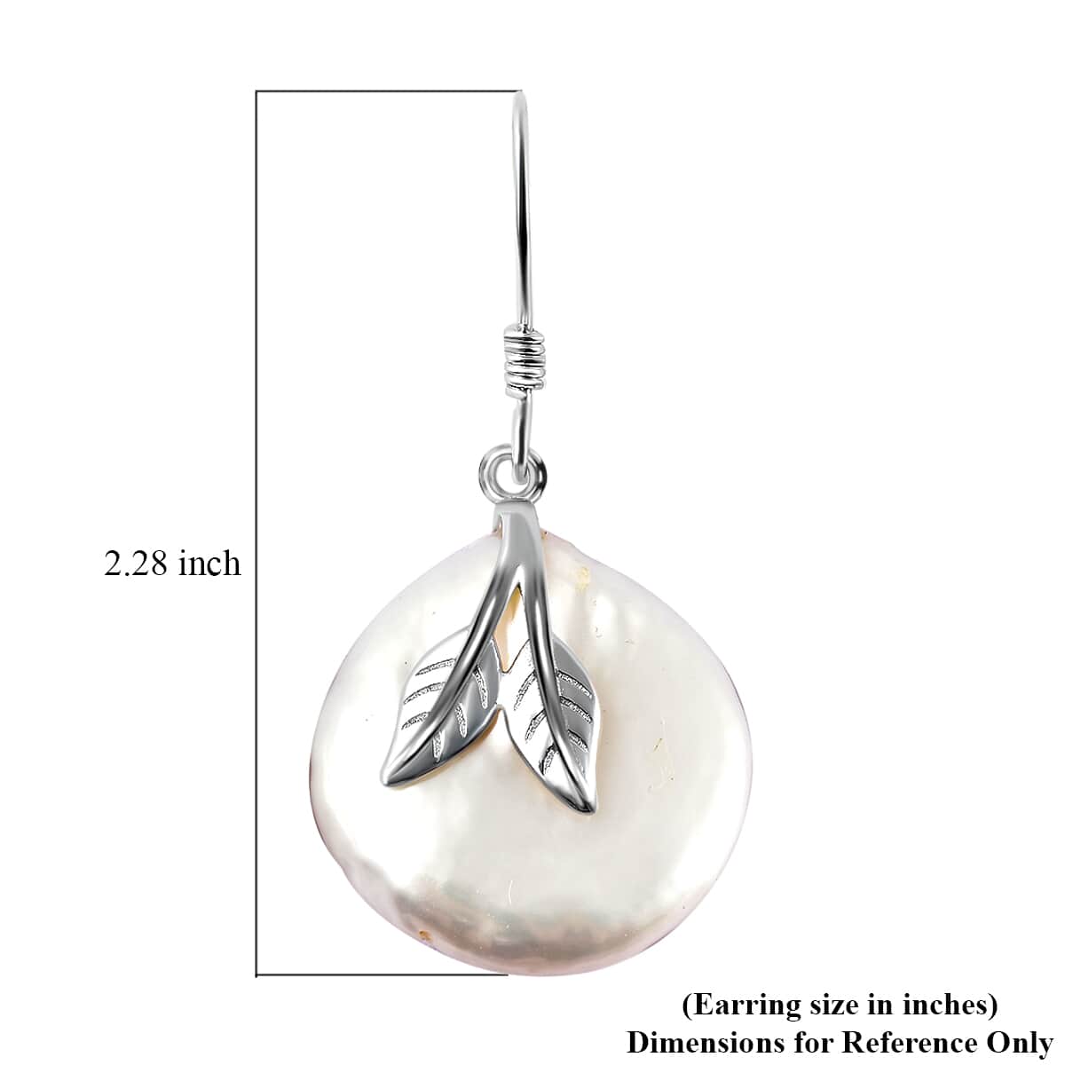 White Coin Freshwater Cultured Pearl and Leaf Charm Dangle Earrings in Rhodium Over Sterling Silver image number 3