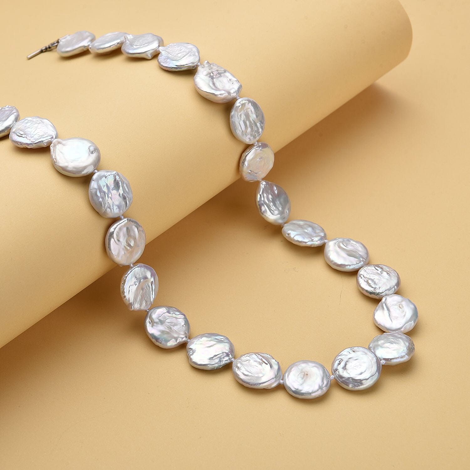 White Color Coin Freshwater Pearl Necklace 20 Inches in Sterling Silver
